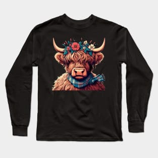 Funny scottish highland cow with flower crown Long Sleeve T-Shirt